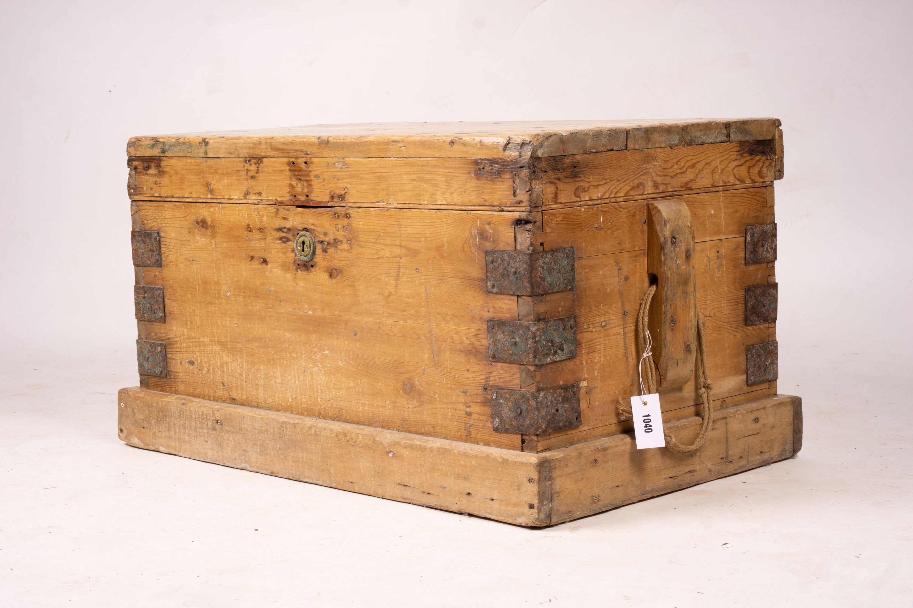 A Victorian iron bound rectangular pine trunk, length 88cm, depth 52cm, height 48cm